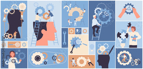 Cartoon team of managers working with mechanism, organization of cogwheel and gear system in geometric collage background. Project development, progress in business teamwork set vector illustration.
