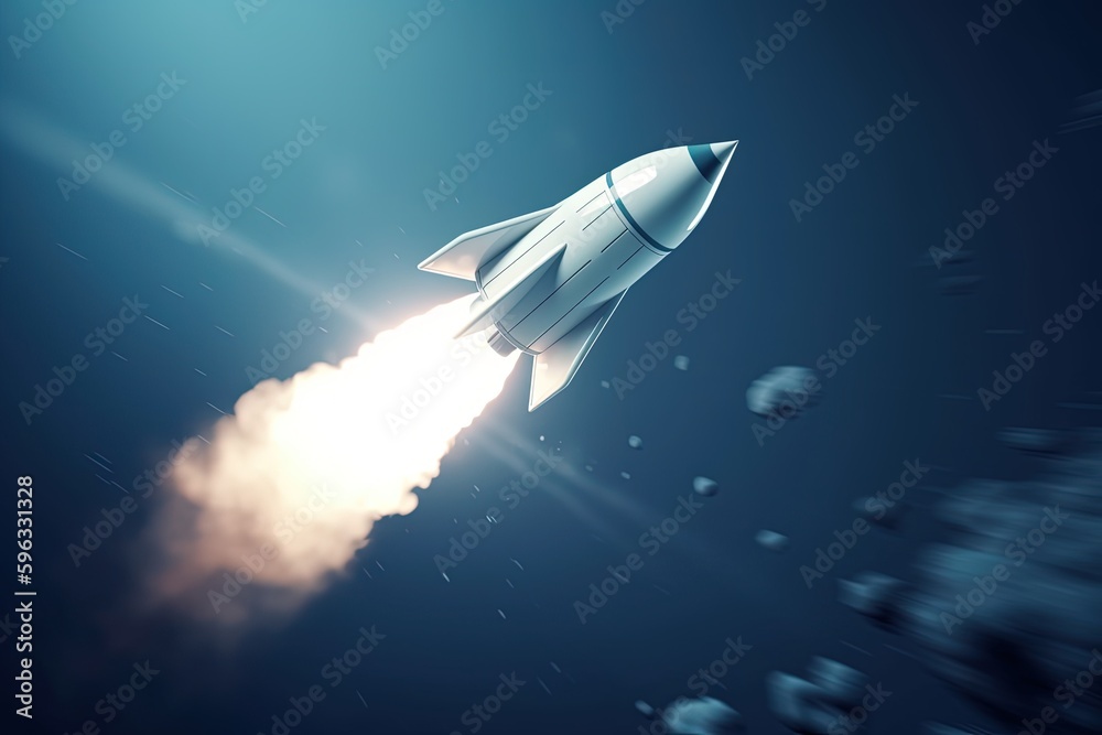 Digital illustration of rocket taking off releasing smoke on blue background. Generative AI Digital illustration of rocket taking off releasing smoke on blue background. Generative AI