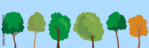 set of simple trees in vector.design element in flat style.object for landscape.tree trunk crown.tree icon.Forest ecology wood garden.Green spaces.Seasonal greenery.