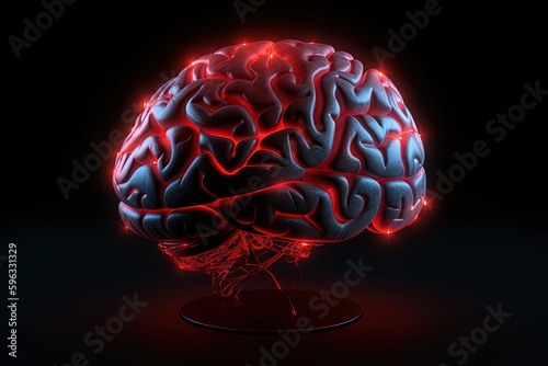 Brain illustration  red neon light  black background  creativity concept. Generative AI