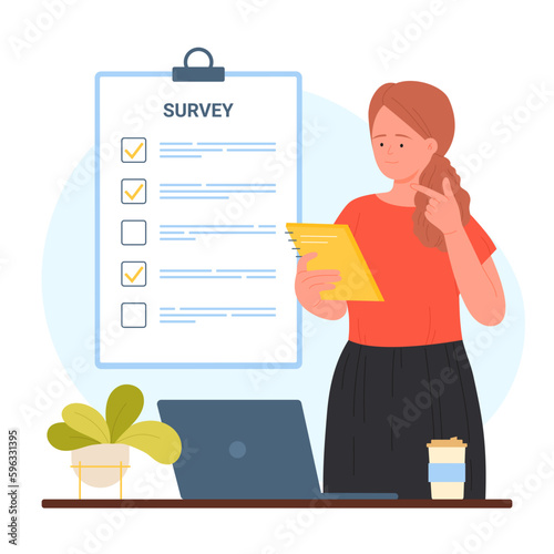 Survey, questionnaire of office character vector illustration. Cartoon woman holding paper sheet to think about priorities and mark points with ticks, checklist document on clipboard of businesswoman