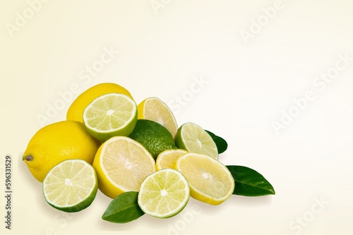 Whole and sliced juicy lemon fruit