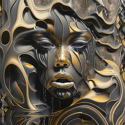 female faces frozen in liquid metal