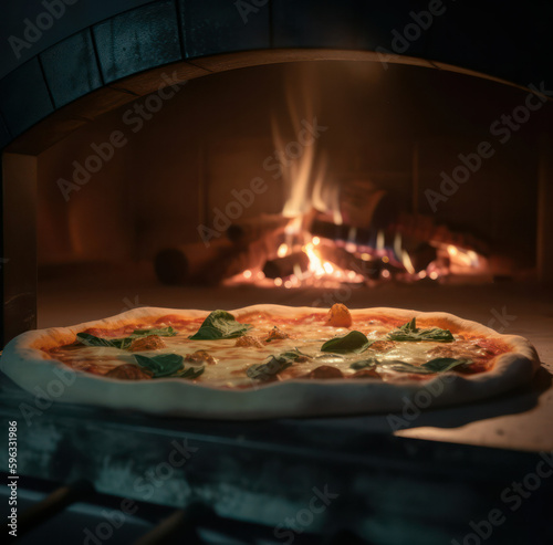 cooked italian pizza with cheese on the background of an open fire. Generative AI