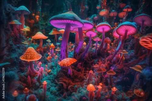 Psychedelic mushroom forest with bright colors. Generative AI