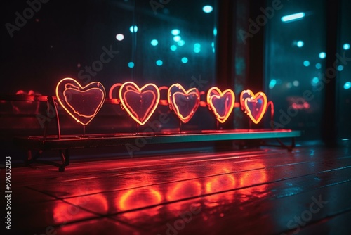 Neon sign with hearts on reflective background. Happy Valentine s Day. Generative AI