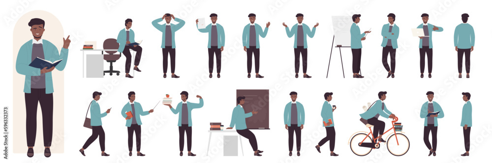 Cartoon man with beard standing, thinking, teaching, professor with stick explaining on lecture in front, side and back view isolated. Young male dark skin teacher poses set vector illustration.