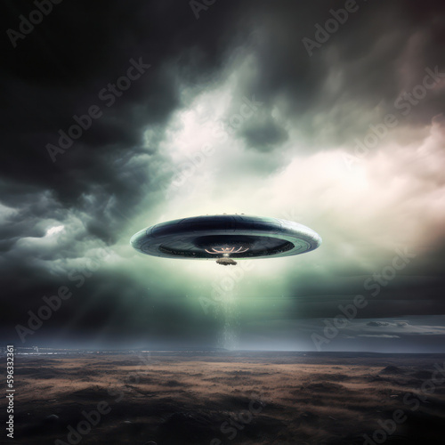 UFO, alien spaceships in the clouds in the sky. Saucers with bright illumination and vertical beam, unidentified flying objects, realistic illustration. Generative AI