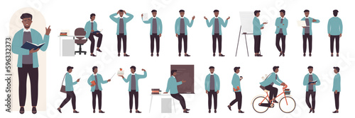 Cartoon man with beard standing, thinking, teaching, professor with stick explaining on lecture in front, side and back view isolated. Young male dark skin teacher poses set vector illustration. photo