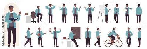 Cartoon man with beard standing, thinking, teaching, professor with stick explaining on lecture in front, side and back view isolated. Young male dark skin teacher poses set vector illustration.
