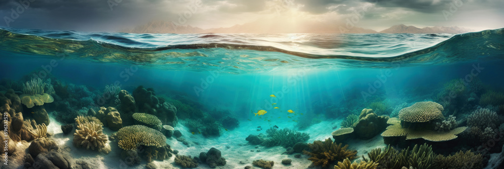 Querschnitt durch tropische Unterwasserwelt mit Korallenriff als Panorama, Generative AI