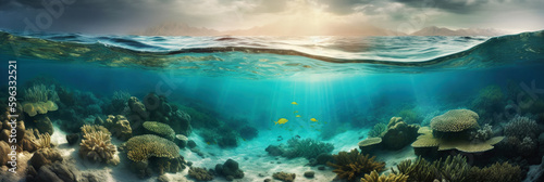 Querschnitt durch tropische Unterwasserwelt mit Korallenriff als Panorama, Generative AI