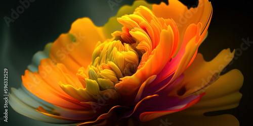 A beautiful painted flower coming out of the dark. flower on a dark background. Design for walls  photo wallpapers  wallpapers  photo wallpapers  postcards  postcards. Generative AI