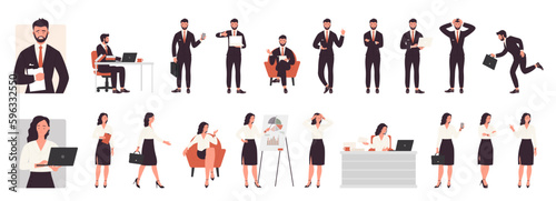 Cartoon isolated busy businessman and businesswoman in office outfit, corporate managers working and talking phone, running with briefcase and walking. Business people pose set vector illustration.