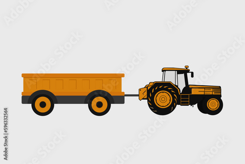Yellow tractor and trailer isolated on gray background, farming and agriculture idea, vector design, agrimotor or plantation, organic farming, industrial vehicle