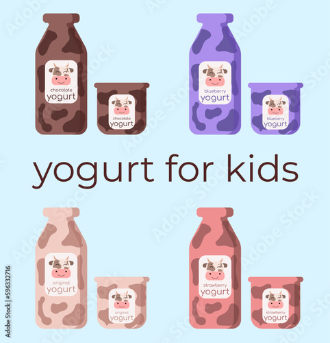 Yogurt for kids Original design of yogurt bottles for kids. Milk products. Vector image of bottles with strawberry, blueberry, chocolate yogurt. Dairy food for kids. Liquid yogurt.
