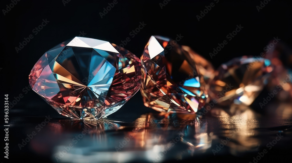 Large sparkling crystals refracting a beam of light on a black background. jewelry with diamonds on a backlight background.Generative AI Large sparkling crystals refracting a beam of light on a black background. jewelry with diamonds on a backlight background.Generative AI