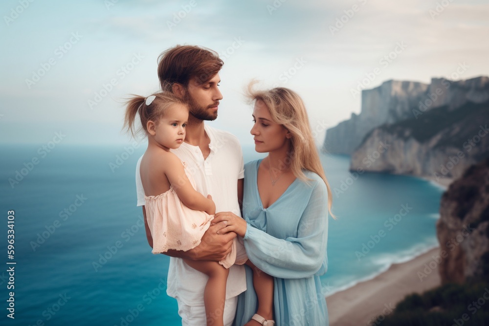 A family with parents holding their kids in vacation with landscape background A family with parents holding their kids in vacation with landscape background