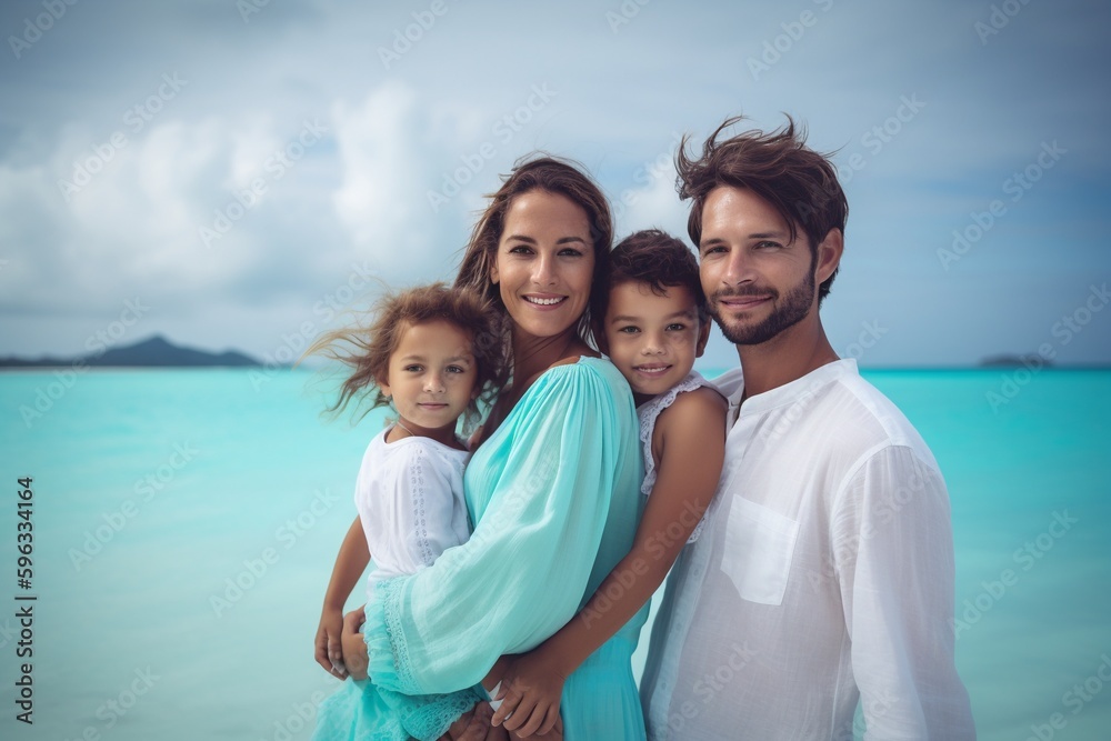 A family with parents holding their kids in vacation with landscape background A family with parents holding their kids in vacation with landscape background