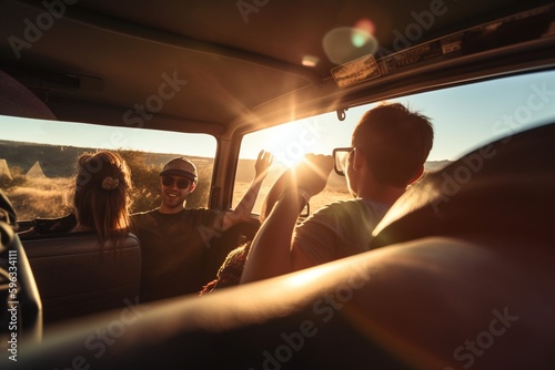 Young people Traveling on a road trip with sun reflection © Maximilien