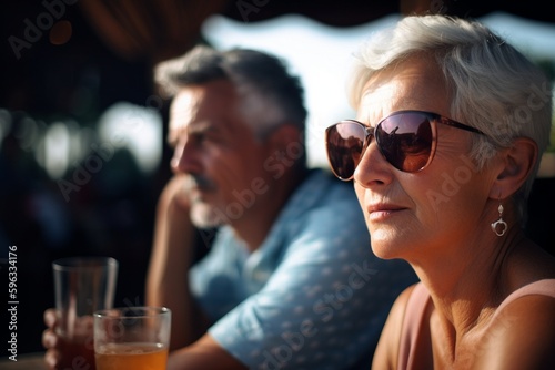 Mature Couple enjoying the sun on a Beach bar, Generative IA