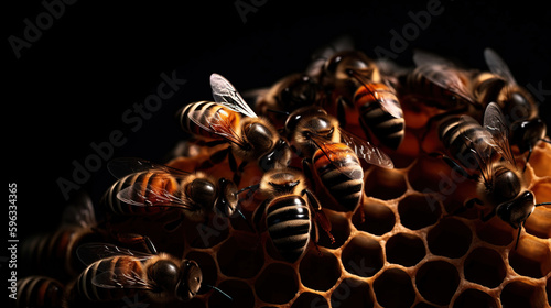 Macro shot of bees in a hive. Created with Generative AI