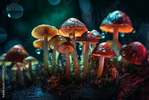 Colorful mushrooms with psychedelic impact in a wallpaper. Generative AI