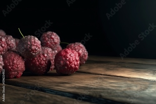 Rotten raspberries pear on a wooden table. Dim studio light. Generate AI.