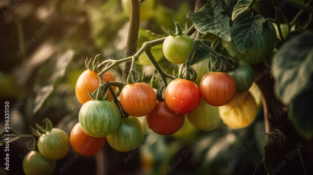 not yet ripe green tomatoes on the branches on the farm field. new harvest. Generative AI