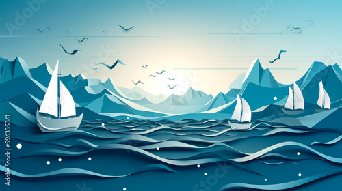 Creative background with sails on the sea, generative AI.