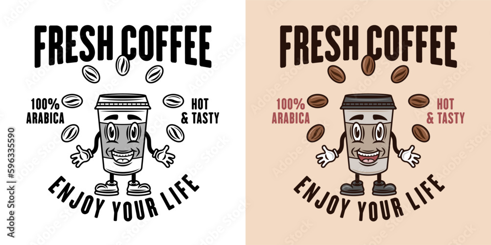 Coffee smiling paper cup vector emblem, badge, label or logo. Two styles monochrome and colored with removable textures