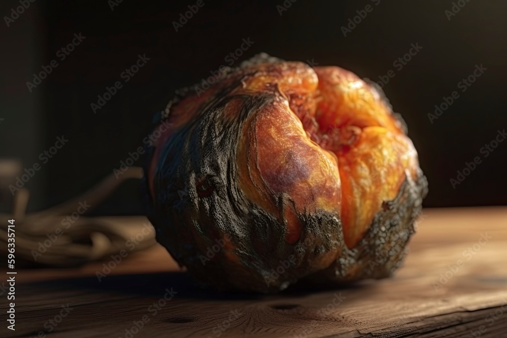Rotten peach on a wooden table. Dim studio light. Generate AI. Rotten peach on a wooden table. Dim studio light. Generate AI.