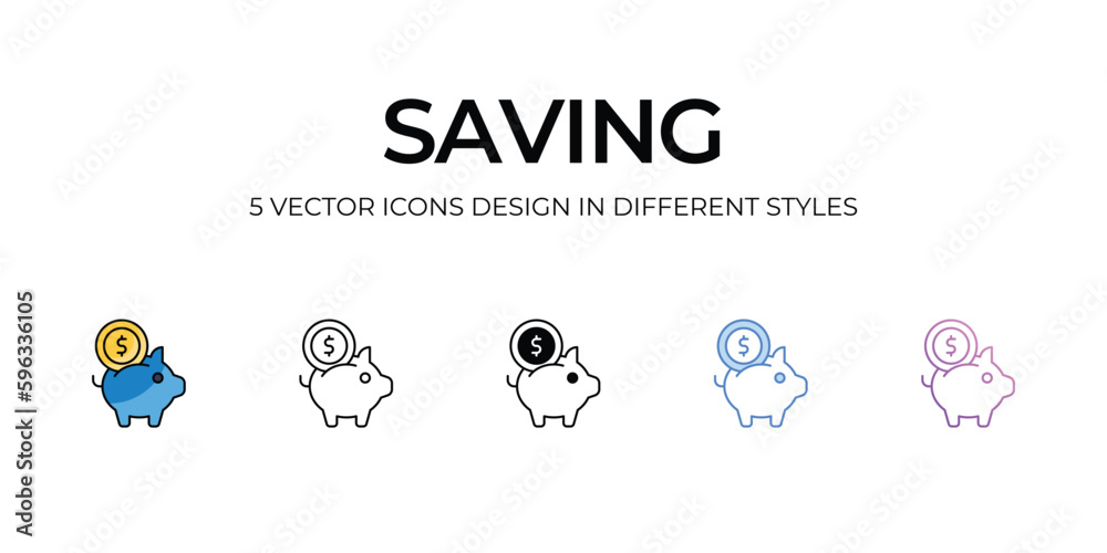Saving Icon Design in Five style with Editable Stroke. Line, Solid, Flat Line, Duo Tone Color, and Color Gradient Line. Suitable for Web Page, Mobile App, UI, UX and GUI design.