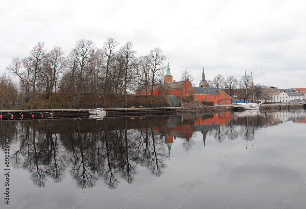 Fototapeta premium View on Halmstad Castle (Halmstads slott), a 17th-century castle on the Nissan river in Halmstad, in the province of Halland, Sweden on a cloudy day