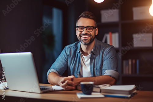 Man sitting smiling at computer laptop and looking into camera - subject home office, study or self-employed - Generative AI