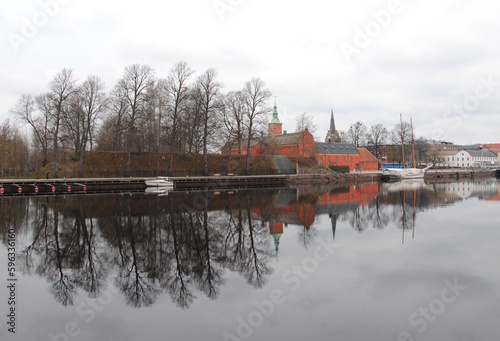 View on Halmstad Castle (Halmstads slott), a 17th-century castle on the Nissan river in Halmstad, in the province of Halland, Sweden on a cloudy day