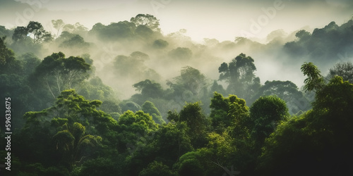 Rainforest landscape with green trees and fog in the morning - theme conservation, climate change and renewable energy - Generative AI 