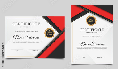 Red and black certificate template design. Modern clean certificate of achievement. Certificate border template with golden badge. Award diploma vector illustration