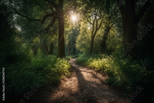 Sunlit road through shady forest. Generative AI © Rosamund