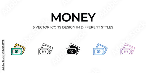 Money Icon Design in Five style with Editable Stroke. Line, Solid, Flat Line, Duo Tone Color, and Color Gradient Line. Suitable for Web Page, Mobile App, UI, UX and GUI design.