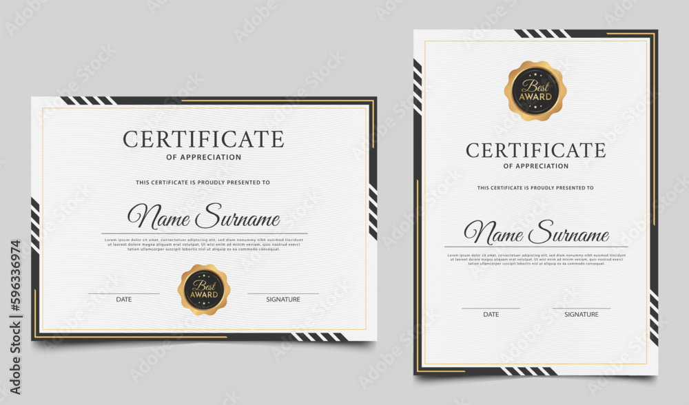 Elegant certificate of achievement template design. Clean certificate border template with gold badge. Vector diploma award illustration - obrazy, fototapety, plakaty 