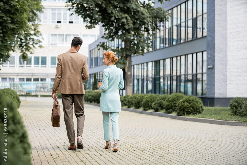 back view of happy and stylish businesswoman talking to colleague while walking along modern buildings in city. back view of happy and stylish businesswoman talking to colleague while walking along modern buildings in city.