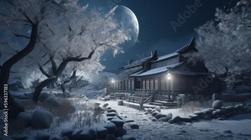 landscape with snow house in the eastern village. Fabulous night view with full moon. Winter wonderland with footprints in the snow. Generative AI
