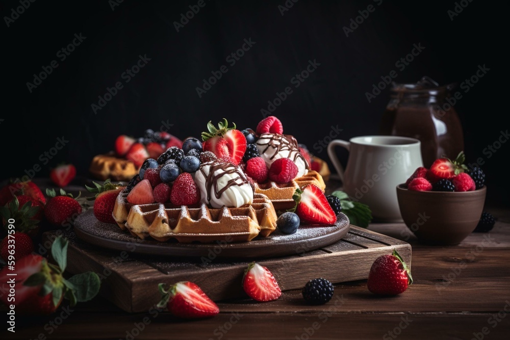 Homemade waffles topped with fresh strawberries, mixed berries, ice cream, and drizzled with chocolate. Generative AI