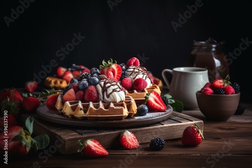 Homemade waffles topped with fresh strawberries, mixed berries, ice cream, and drizzled with chocolate. Generative AI © Andromeda