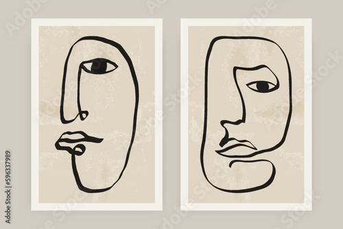 Modern one line face poster. Contemporary abstract minimal printable art fashion decor mid century aesthetic. Vector set