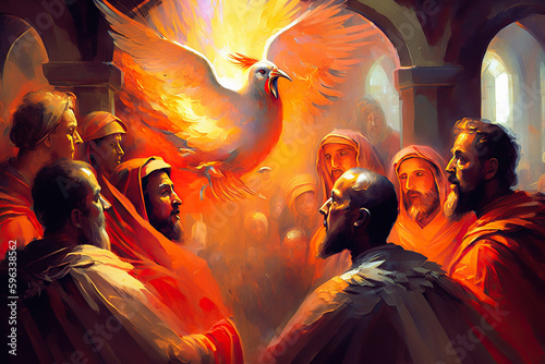 Pentecost Painting with Holy Spirit, Flames, and Doves