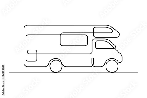 Motorhome in continuous line art drawing style. Campervan recreational vehicle black linear sketch isolated on white background. Vector illustration
