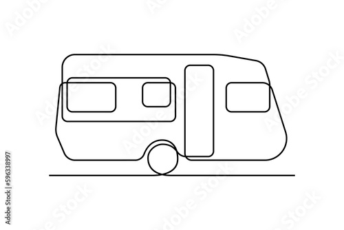 Camper trailer in continuous line art drawing style. Caravan recreational vehicle black linear sketch isolated on white background. Vector illustration