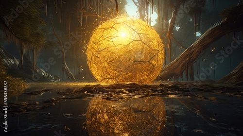 A dyson sphere featuring a yellow bright sun in the middle, complex structura, fine details, the surrounding space is full of distant stars, within the sphere you can see an ecosystem, generative ai photo